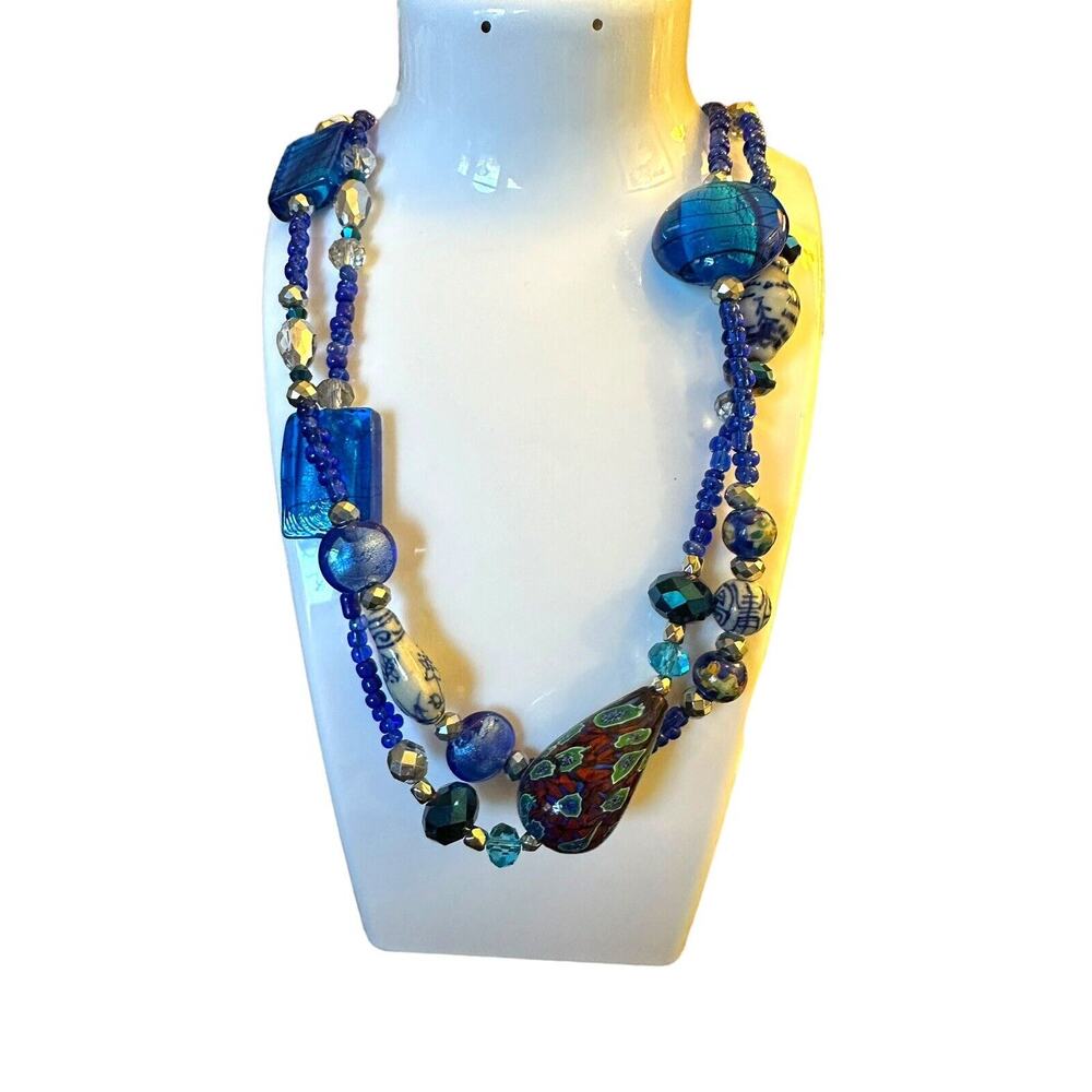 Artisan Designer Shades Of Blue Murano Glass Bead Crystal Statement Necklace 42"